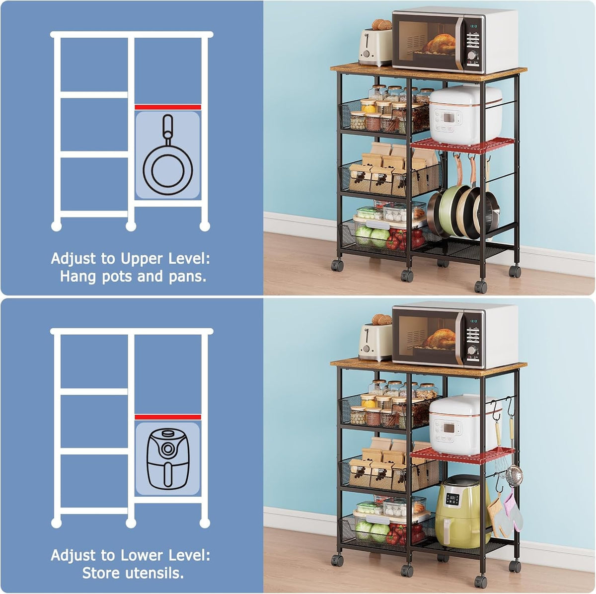 Rolling Kitchen Storage Microwave Cart, Kitchen Island with Adjustable Shelf on Lockable Wheels, Countertop 27.75"L × 15.35"W, Bakers Rack with Tilt-Out Baskets, for Kitchen, Coffee Bar, Living Room