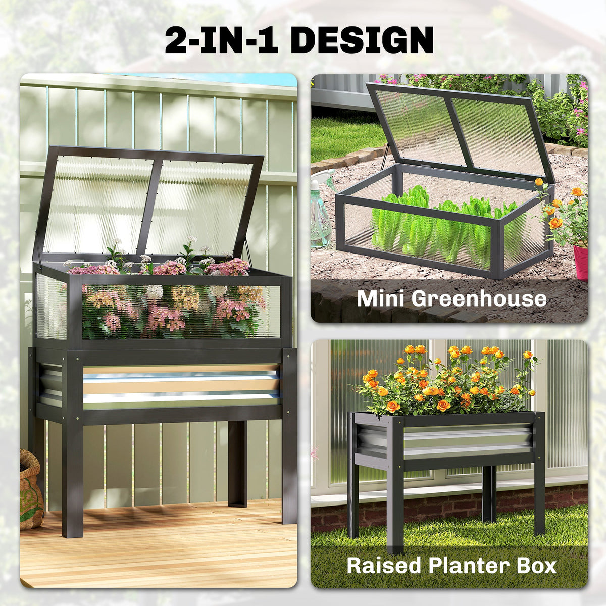 Raised Garden Bed with Flip-Up Mini Greenhouse, Elevated Planter Box with Legs and Bed Liner for Flowers, Vegetables