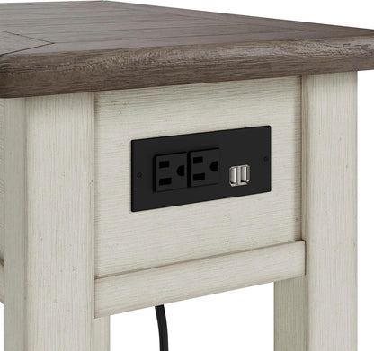 Bolanburg Chairside End Table with Charging Station, Two-Tone Wood Accent Table with Drawer Storage, Plank Top Design for Living Room or Bedroom, Antique White