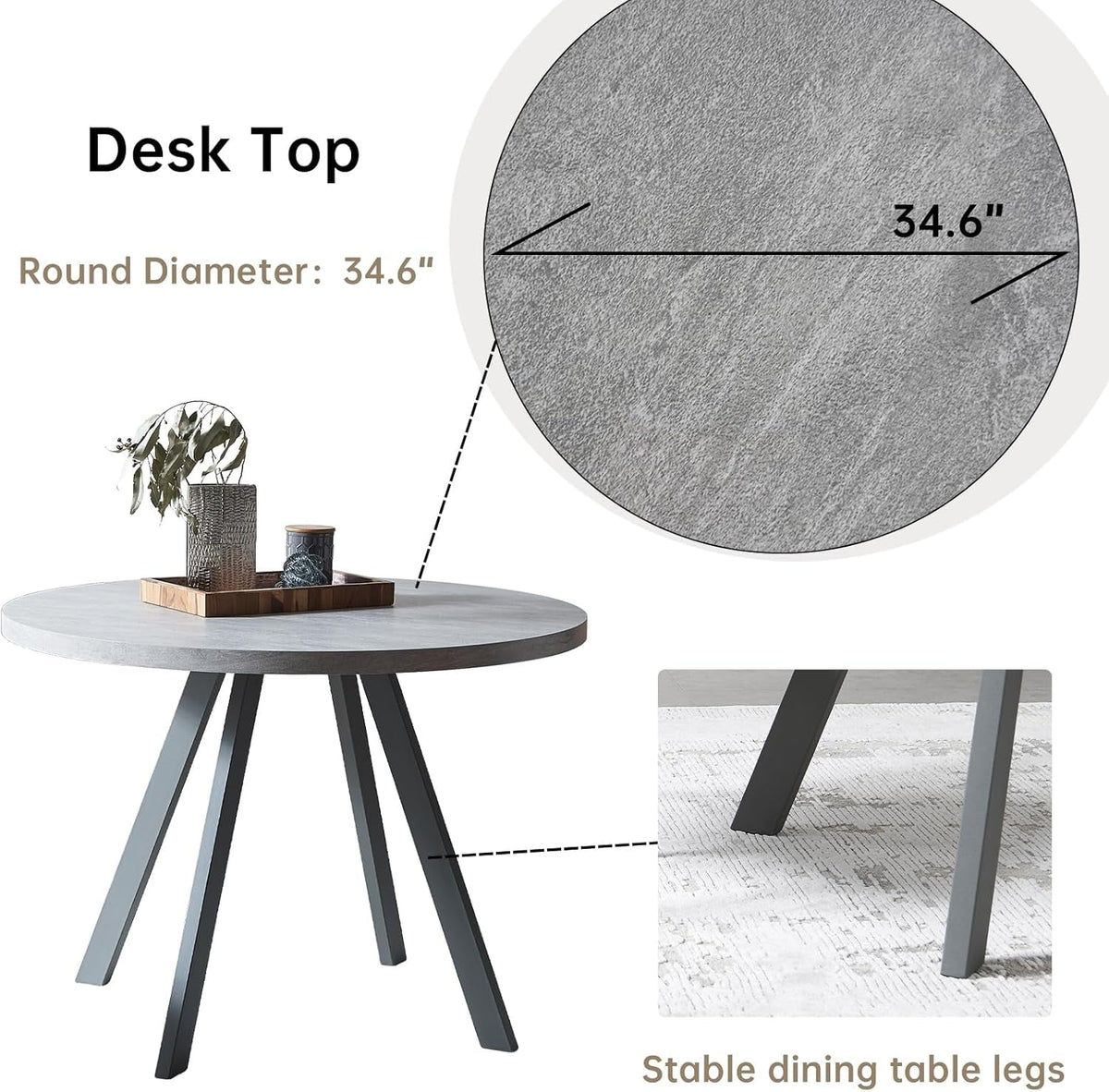 34.6'' round Dining Table and Chairs for 4, Mid Century Modern round Table Set, Space Saving for Apartment Kitchen Dining Room (Grey Table+4 Black Chairs)