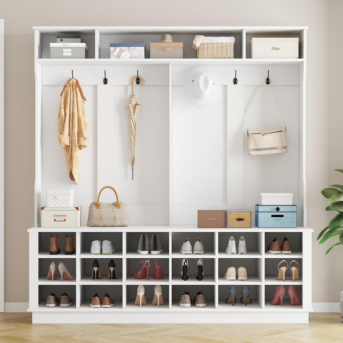 Extra Large Hall Tree with Bench and Shoe Storage, Multi-Purpose Entryway Bench with Coat Rack, Adjustable Shelves, 6 Double Hooks and 21 Open Compartments, White