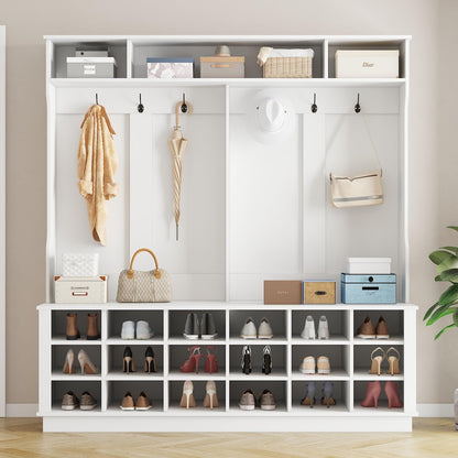 Extra Large Hall Tree with Bench and Shoe Storage, Multi-Purpose Entryway Bench with Coat Rack, Adjustable Shelves, 6 Double Hooks and 21 Open Compartments, White