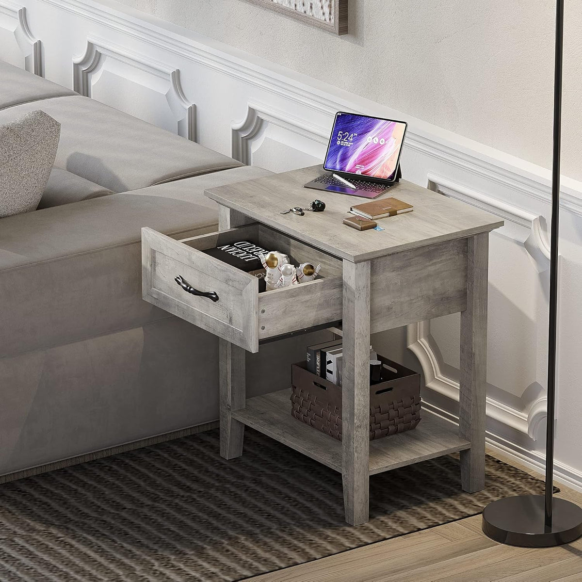 Grey Nightstands Set of 2, End Table with Drawer, Side Table for Spaces, 2 Tiers Storage Shelves with Dresser, Bedside Table for Living Room, Bedroom, Dorm (2Pcs-Grey)