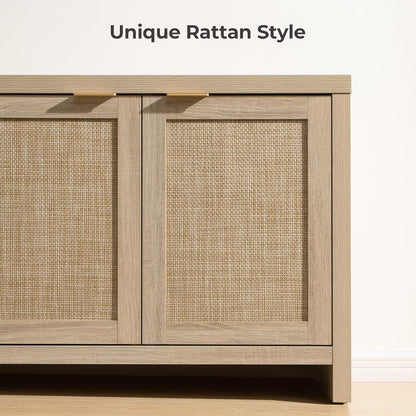 TV Stand for Living Room Boho Entertainment Center for Bedroom with 4 Rattan Cabinets Farmhouse Television Stands with Storage Large Media Console Table for Tvs up to 45 50 55 60 65 Inch