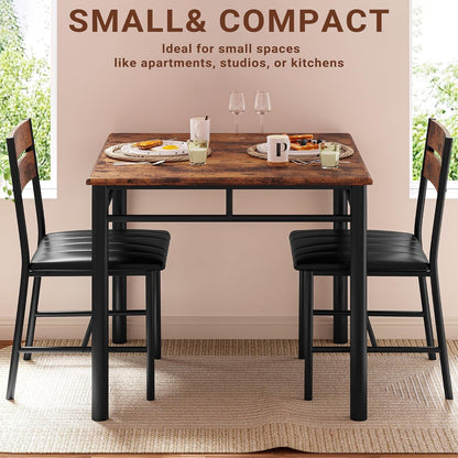 Dining Table Set for 2, Small Kitchen Table with Upholstered Chairs Dinning Table Set for Kitchen & Dining Room, Compact Dining Set for Small Spaces, Rustic Brown