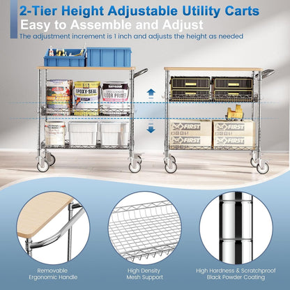 Rolling Kitchen Carts with Wheels, 34" L X 17.5" W, 3-Tier Heavy Duty Utility Cart with Wood Tabletop, NSF Commercial Metal Serving Cart with Handle and Shelf Liner for Kitchen, Chrome