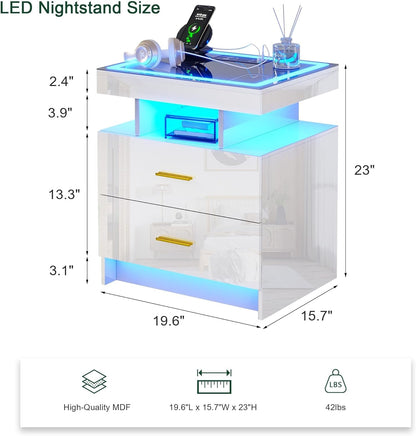 Auto LED Nightstand Set of 2, White Night Stand with Charging Station & USB Ports, High Gloss Bedside Table Has 2 Drawers,Modern End Side Table for Bedroom (White)