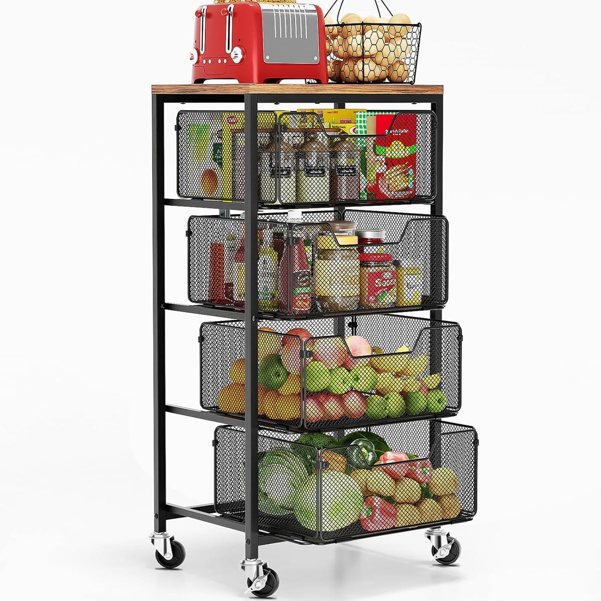 Kitchen Cart with Drawers, 4 Tier Metal Rolling Utility Cart Organizer on Lockable Wheels with Wooden Top, Black Fruit Vegetable Storage Rack Also for Cans, Snack, Craft, Art, Office, Beauty