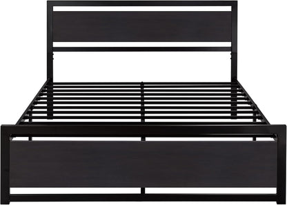 Queen Size Bed Frame with Modern Headboard, Heavy Duty Platform Metal Base with Square Footboard and 13 Strong Slats Support, No Box Spring Needed, Black