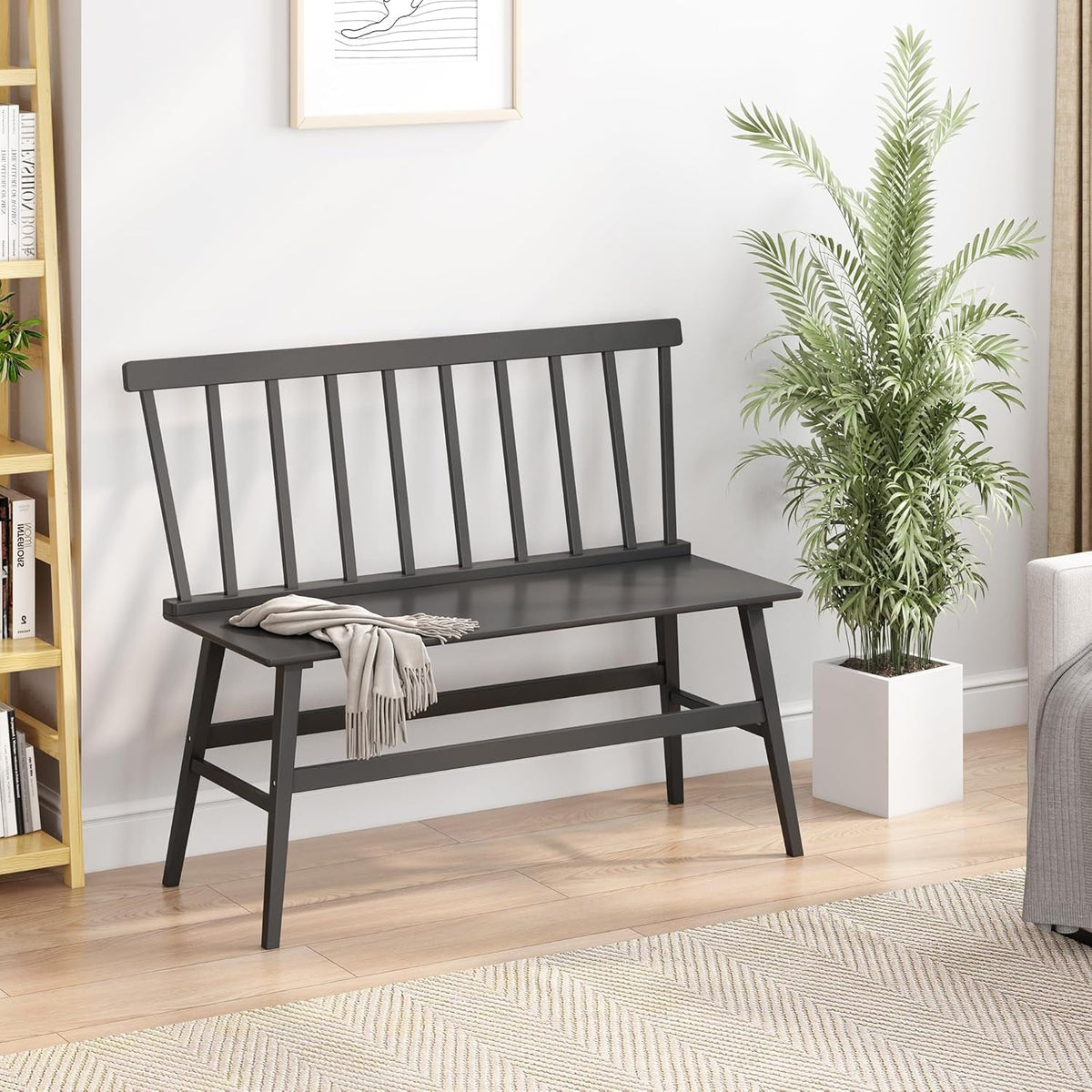 Bamboo Dining Bench, Black Entryway Bench with Spindle Back Farmhouse Wood Windsor for Foyer Balcony Living Room (Nature) (Black)