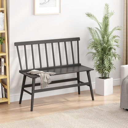 Bamboo Dining Bench, Black Entryway Bench with Spindle Back Farmhouse Wood Windsor for Foyer Balcony Living Room (Nature) (Black)