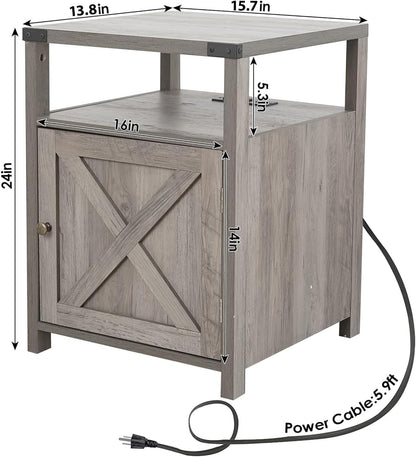 Farmhouse Nightstand with Charging Station, Rustic End Table Bedroom with Storage Living Room Side Table Grey Night Stand Industrial Bedside Bed Table with USB Ports and Outlets