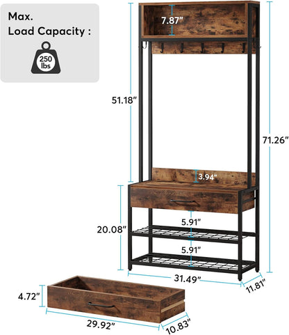 3-In-1 Entryway Hall Tree with Drawer, Vintage Industrial Coat Rack with Shoe Bench and Hutch, Mudroom Bench with Shoe Storage Rack and 9 Hooks for Living Room Bedroom (Brown)