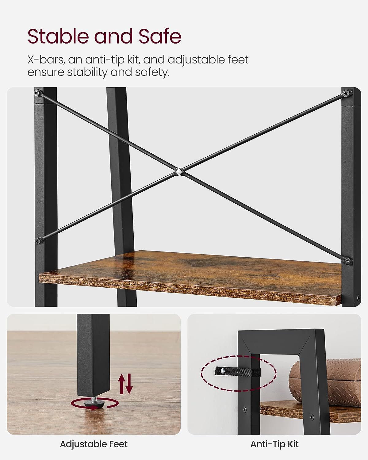 VASAGLE Ladder Shelf, 4-Tier Bookshelf, Storage Rack, Bookcase with Steel Frame, for Living Room, Home Office, Kitchen, Bedroom, Industrial Style, Rustic Brown and Ink Black ULLS44X