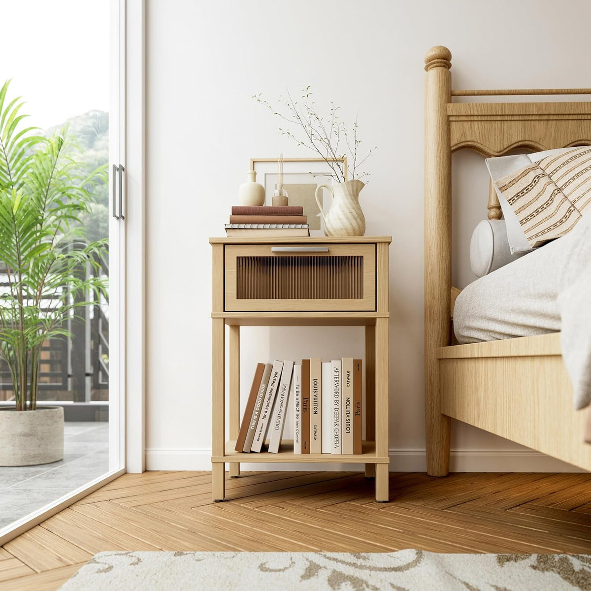Nightstand Wooden Bedside Table with Drawer Natural Wood Night Stands Modern Style Small End Table Side Table with Storage Shelf for Bedroom Living Room MLBZ10YEV