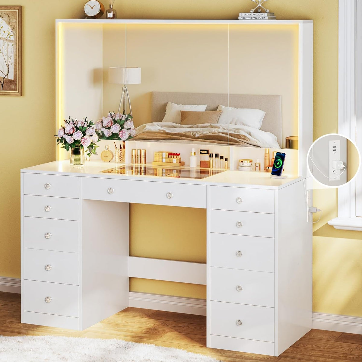 Vanity Desk with Mirror and Lights, 50" Makeup Vanity with Glass Top & Power Outlet, White Vanity with 11 Drawers & 8 Hidden Storage Shelves, 3 LED Lighting Modes Adjustable for Bedroom