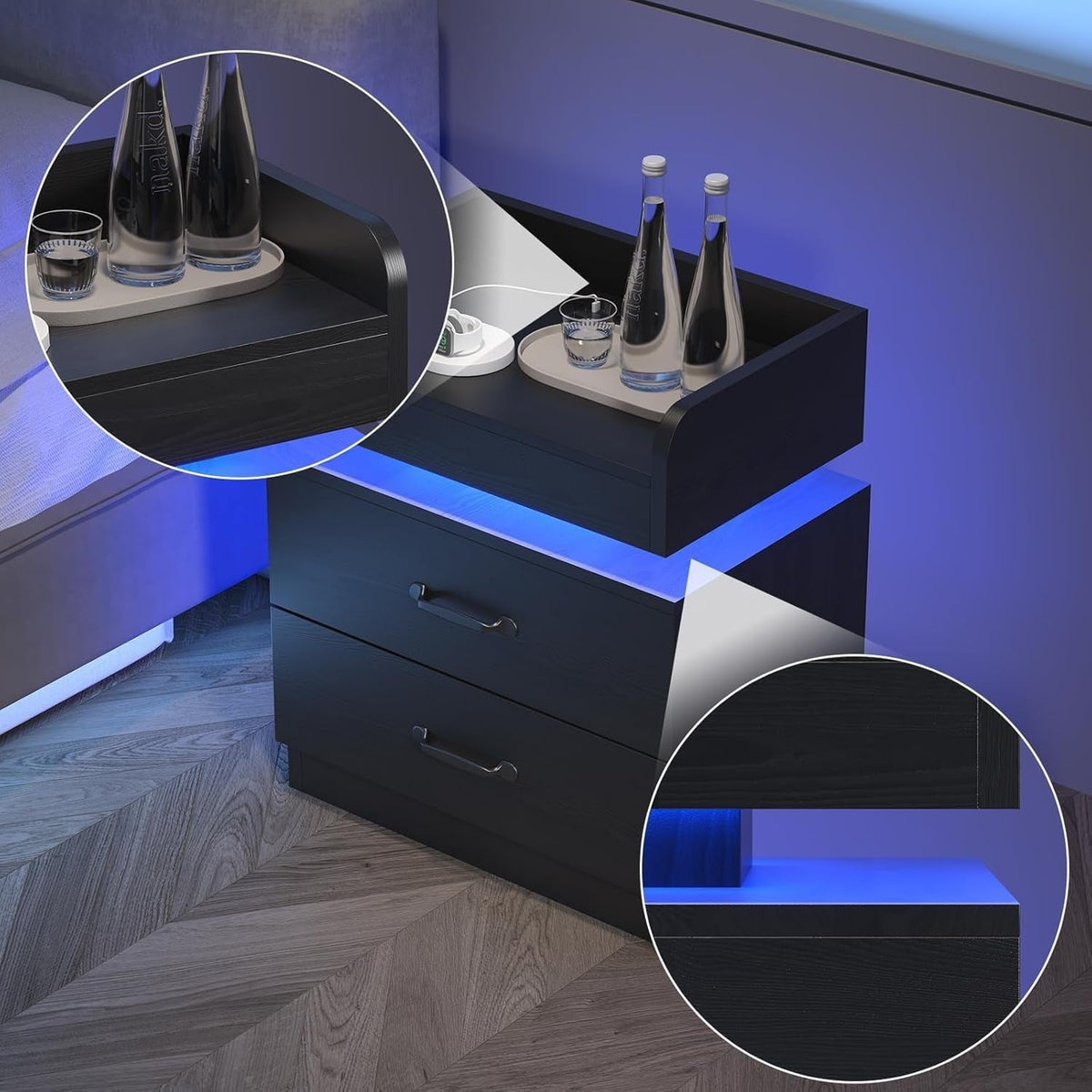 Black Nightstand with Charging Station, Bedside Table for Bedroom, LED Nightstand, Modern Night Stand with Drawers, Black