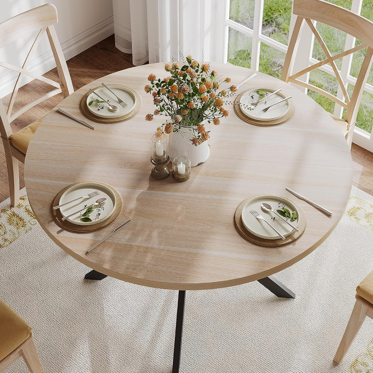 round Dining Table for 2, Farmhouse Wood Kitchen Table, Circle Dinner Table for Kitchen & Dining Room, Small Space, 31.5In, Walnut