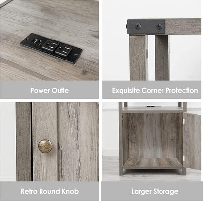 Farmhouse Nightstand with Charging Station, Rustic End Table Bedroom with Storage Living Room Side Table Grey Night Stand Industrial Bedside Bed Table with USB Ports and Outlets
