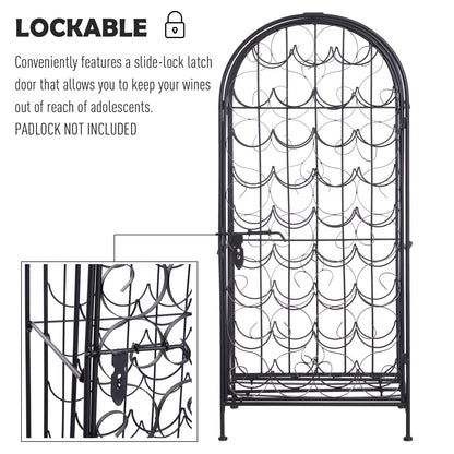 35 Bottle Wrought Iron  Rack Cabinet with Lock,  Black