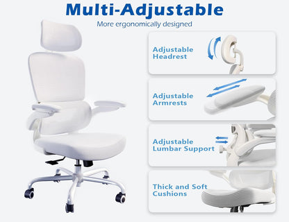 Ergonomic Office Chair - Desk Chair with Adjustable Headrest Lumbar Support Computer Chair - Mesh Comfy Chair with Flip-Up Armrests - Gaming Chairs for Adults Home Office (Leather, White)