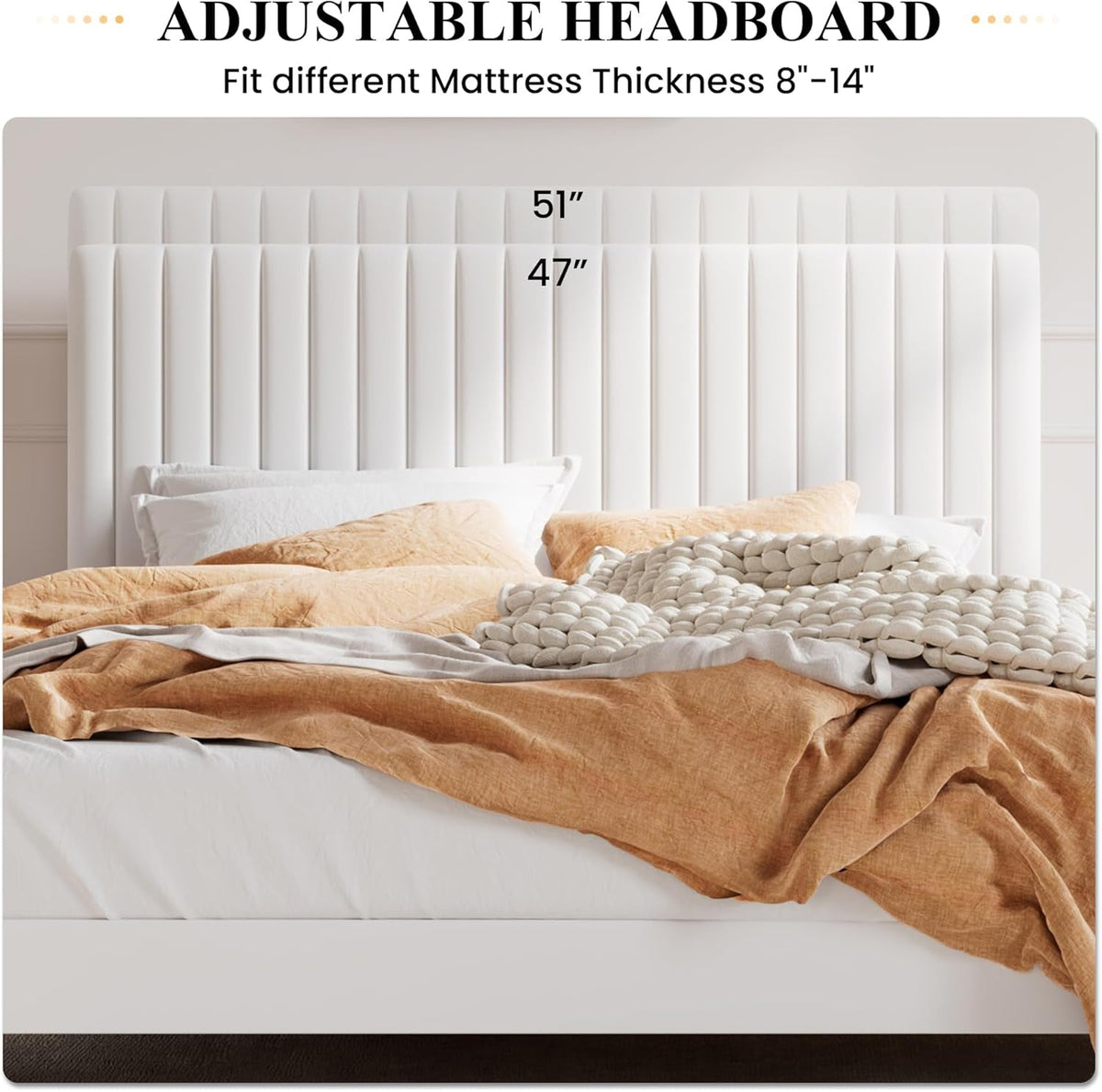 Queen Velvet Platform Bed, Channel Tufted Adjustable Headboard, White