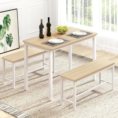 43" Dining Table Benches Set for 4, Modern Space Saving Kitchen Table Chairs & Adjustable Feet Breakfast Table 2 Benches, Wooden Industrial Style Farmhouse, White