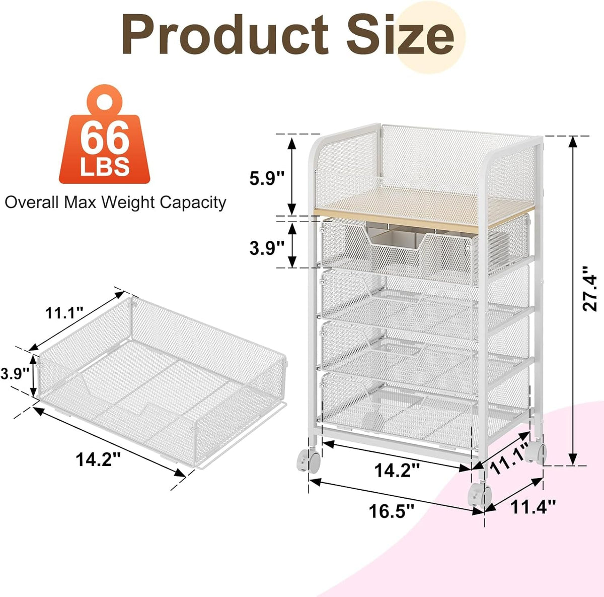 Makeup Cart Organizer with 4 Drawers, Large Floor Skincare Organizers, Vanity Storage Organizer Cosmetics Display Cases for Skin Care Perfume Nail Polish, White (Patent Pending)