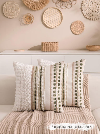 Boho Chenille Tufted Couch Throw Pillow Covers 18X18 Inch Set of 2 Farmhouse Striped Decorative Pillow Covers Accent Neutral Square Pillowcase Green Cushion Covers for Livingroom Sofa Bed