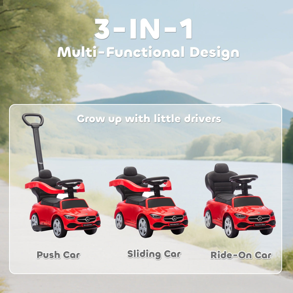 Mercedes-Benz C-Class Licensed Ride-On Push Car, Baby Stroller Walking Car with Parent Control Handle, Horn, Red