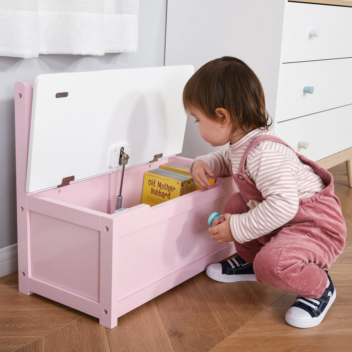 Toy Box Chest, Kids Storage Bench with Large 27 L Interior, Toy Organizer with Top Lid, and Backrest, Pink