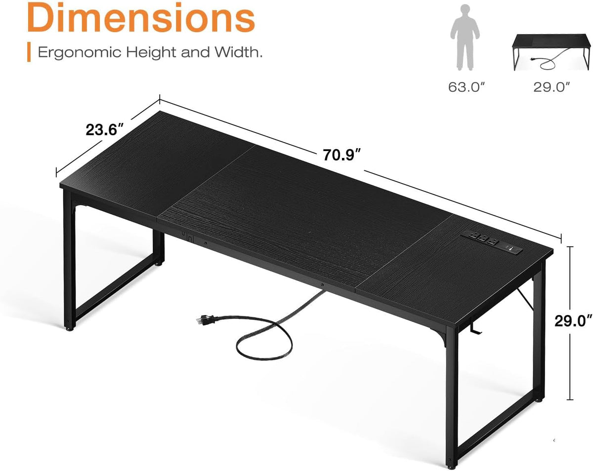 71 Inch Computer Desk with USB Ports, Large Office Desk, Long Study Student Writing Desk, Black
