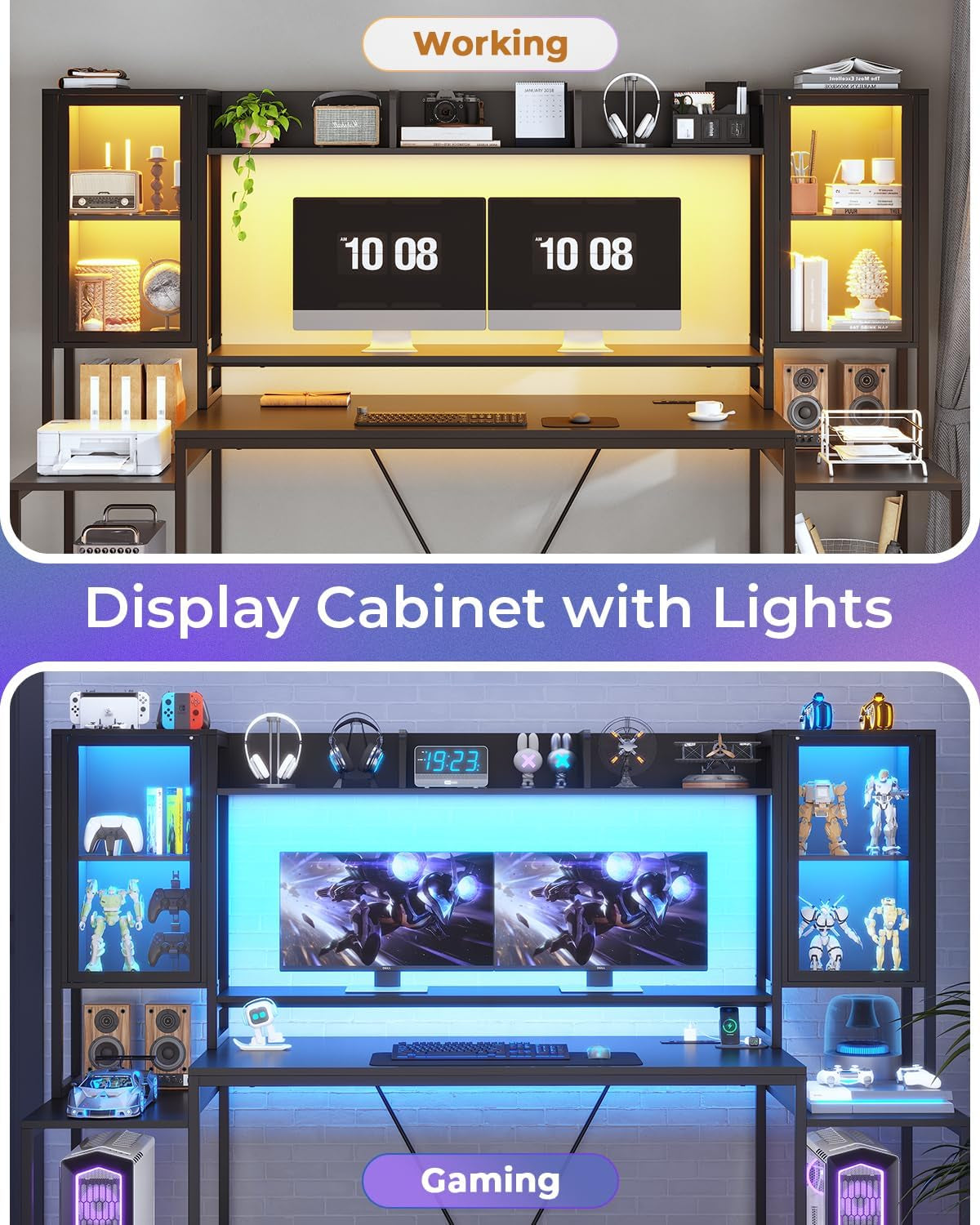 Gaming Desk 74.8'' with LED Lights, Hutch and Storage Shelves, Computer Desk with Monitor Stand, Large PC Gamer Desk Workstation, Ergonomic Gaming Table for Bedroom, Living Room, Black