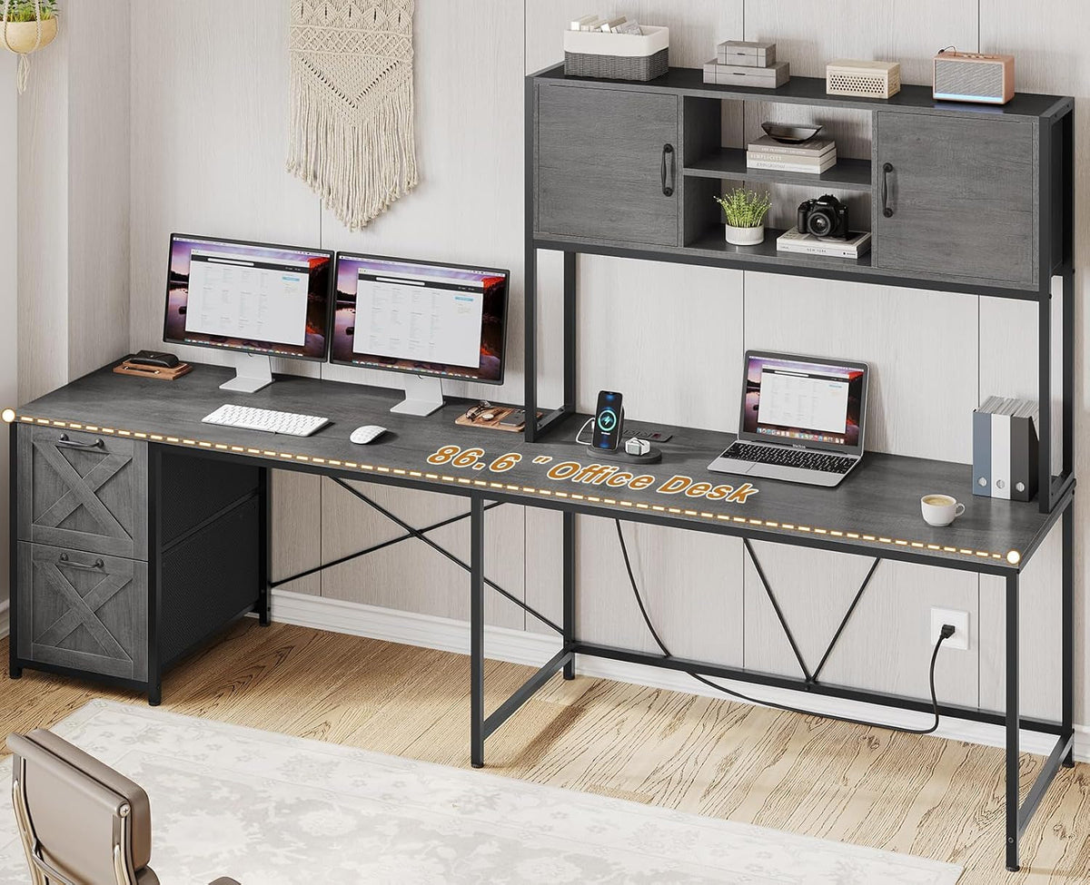 L Shaped Gaming Desk, Reversible Computer Desk with Fabric Drawers and Power Outlet, Gaming Desk with Led Lights, Hutch and Storage Shelf for Home Office, Grey