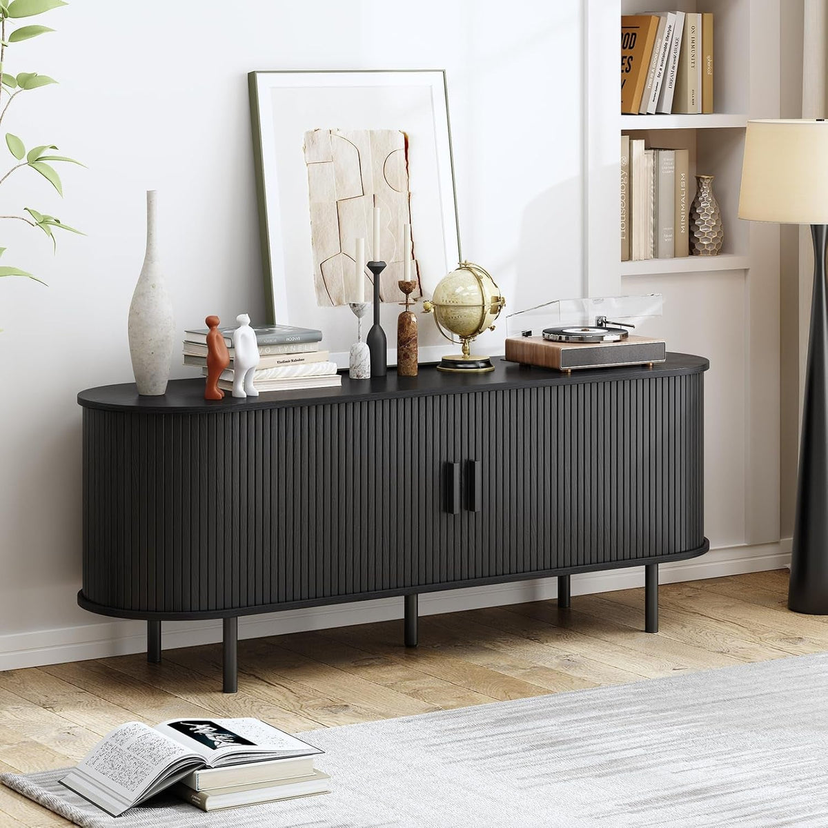 63" TV Stand with Power Outlet, Modern Media Console with Sliding Doors, Entertainment Center for Tvs up to 60 Inch, Adjustable Shelves, Black