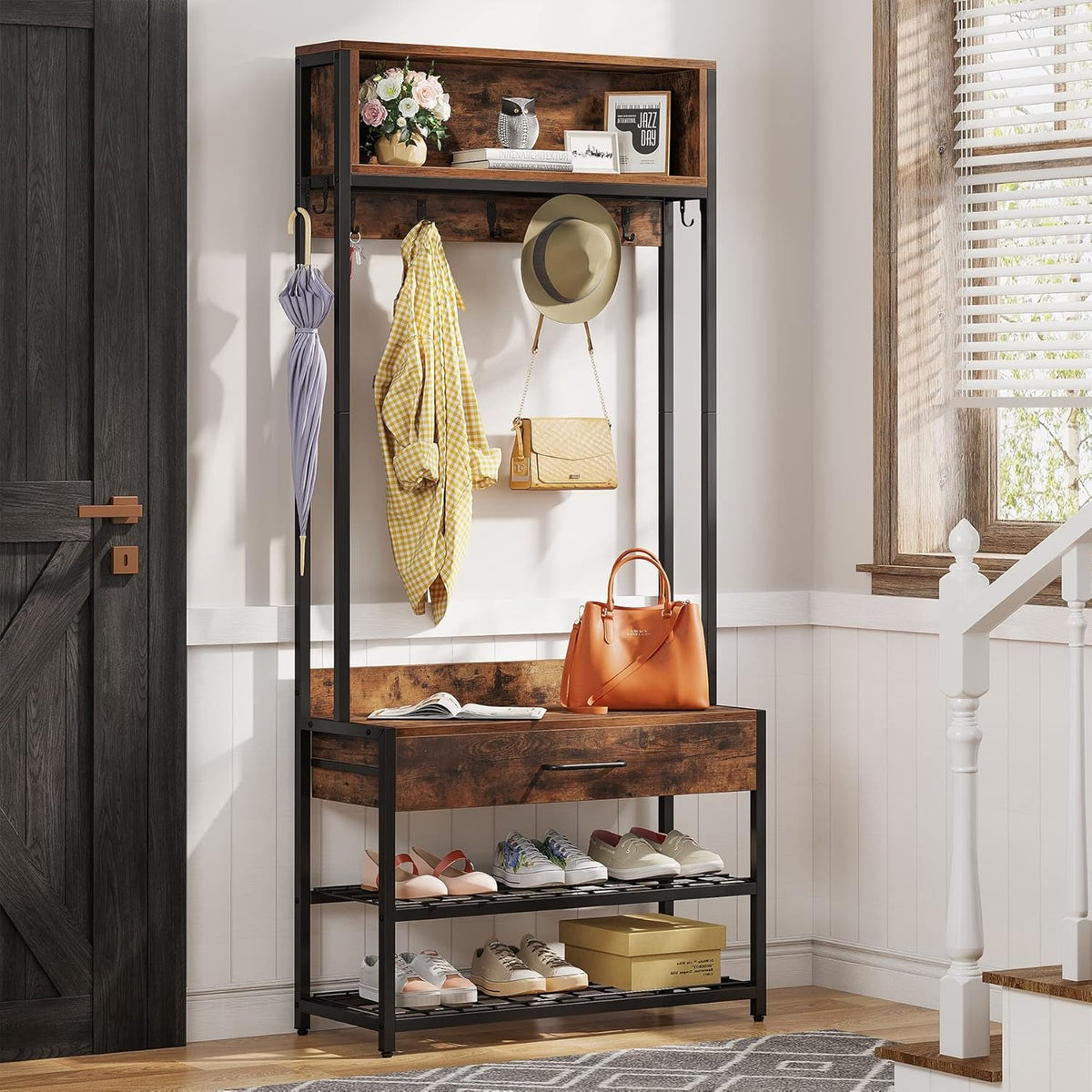 3-In-1 Entryway Hall Tree with Drawer, Vintage Industrial Coat Rack with Shoe Bench and Hutch, Mudroom Bench with Shoe Storage Rack and 9 Hooks for Living Room Bedroom (Brown)
