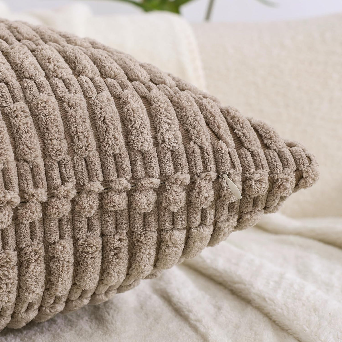 Couch Decorative Throw Pillow Covers 18X18 Set of 4 Neutral Winter Farmhouse Rustic Boho Home Decor Soft Plush Striped Corduroy Square Cushion Case for Living Room Bed SOFE