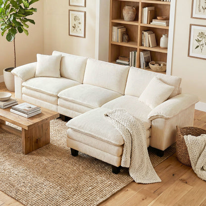 Sectional Sofa, L Shaped Couch with Deep Seat, Movable Ottoman and Pillow-top Armrests, Beige