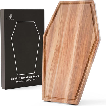 New - Large Coffin Charcuterie Board - Gothic Acacia Wood Coffin Shaped Cutting Board 17X10.5Inch, Halloween Wooden Serving Tray, Goth Platter, Spooky Decor Gifts