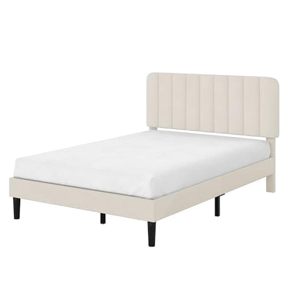 Queen Size Bed Frame with Upholstered Headboard, Velvet Platform Bedframe Mattress Foundation, Strong Wood Slat Support, No Box Spring Needed,Bone Beige