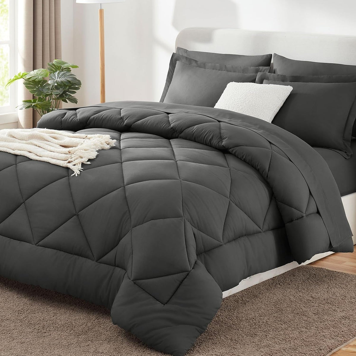 Queen Comforter Set Dark Grey - Bed in a Bag Queen Size 7 Pieces, Luxury Soft Bed Set for All Seasons, Bedding Set with down Alternative Comforter, Sheets, Pillowcases & Shams