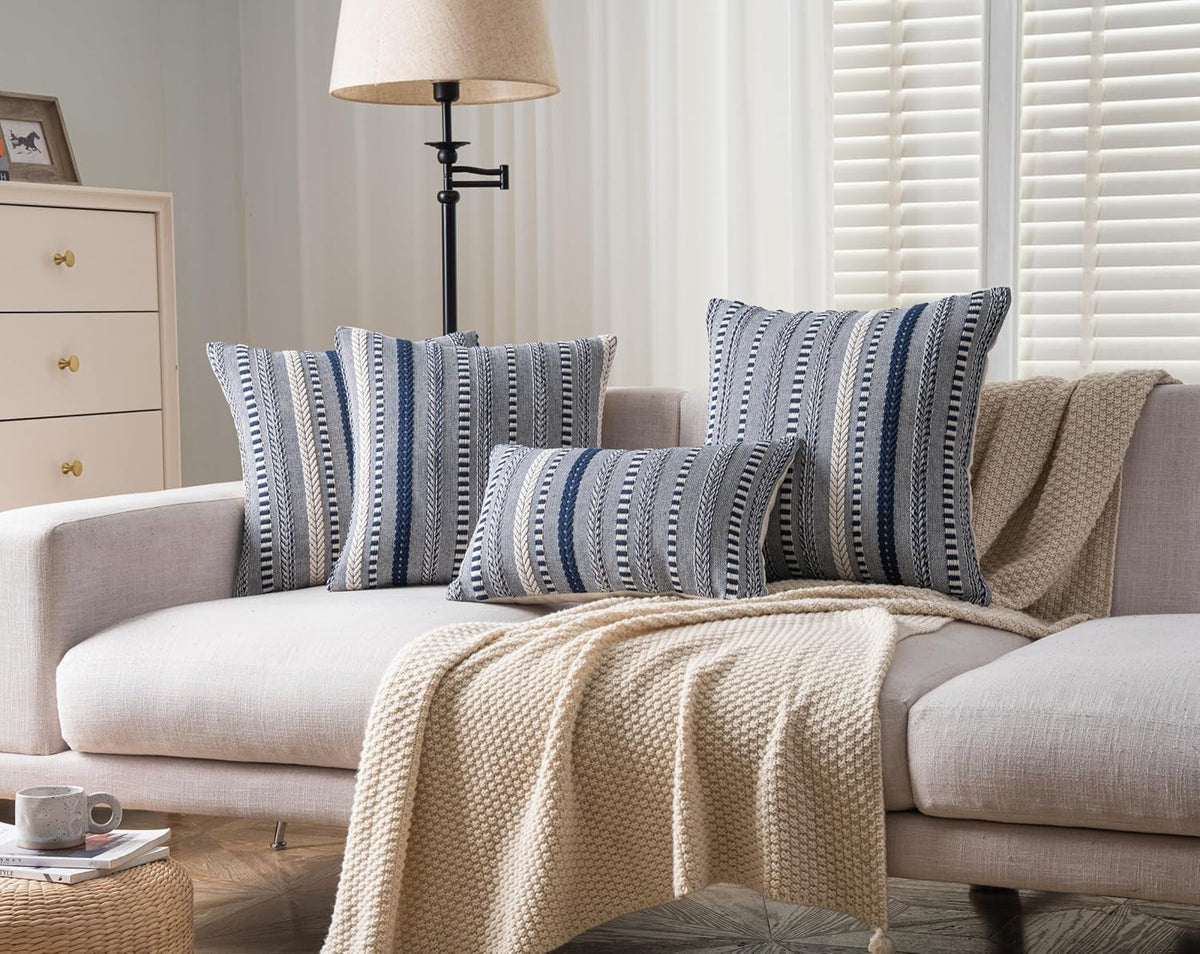 Boho Throw Pillow Covers 18X18 Inch Set of 2, Farmhouse Decorative Couch Pillow Cases, Navy Blue Accent Pillows of Bed, Sofa Bedroom Living Room Home Decor Cushion Cover