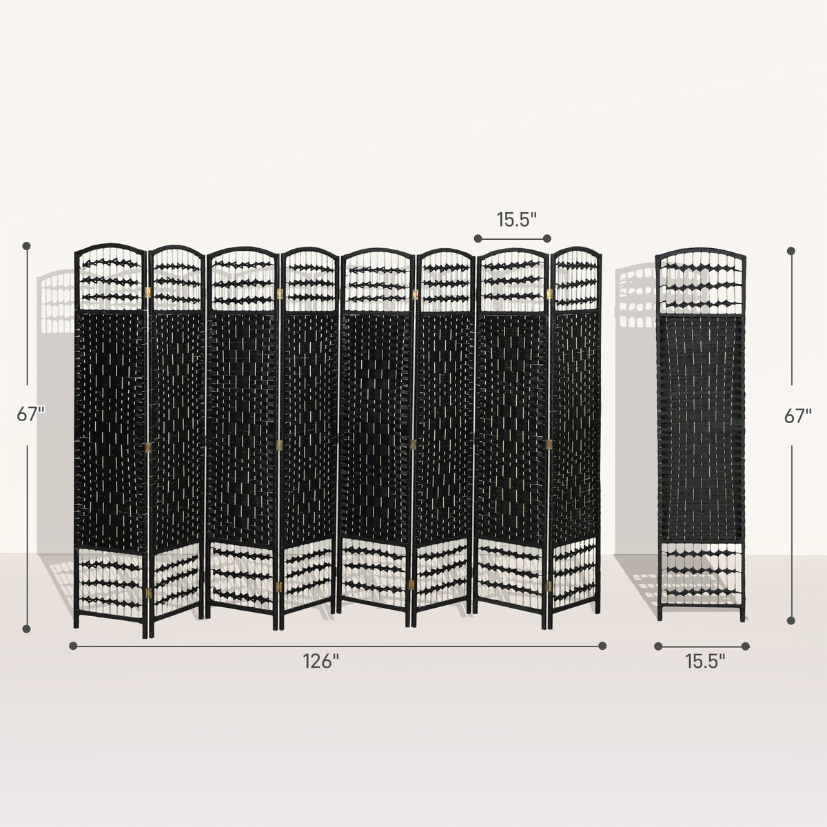 8 Panel Folding Room Divider Portable Privacy Screen Wave Fiber Room Partition for Home Office Black