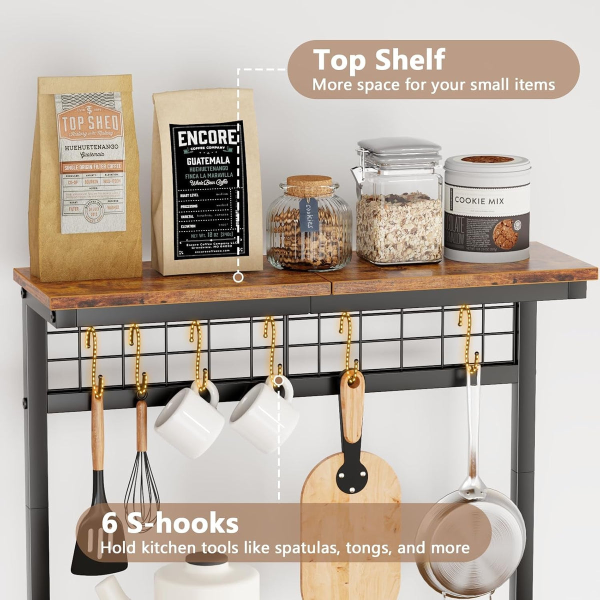 Kitchen Bakers Rack with Power Outlet, Microwave Oven Stand with Storage 4 Tiers, Coffee Bar Table with 6 S Hooks, Kitchen Storage Shelf Rack for Spices, Pots, Rustic Brown