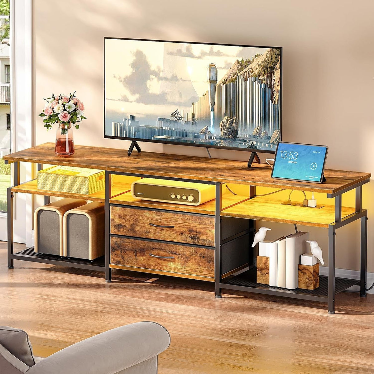 TV Stand with Power Outlet and LED Light, Entertainment Center for Tvs up to 75 Inch, Modern Media Console Table with 2 Non-Woven Drawers, for Living Room, Bedroom, Rustic Brown BF55UDDS01