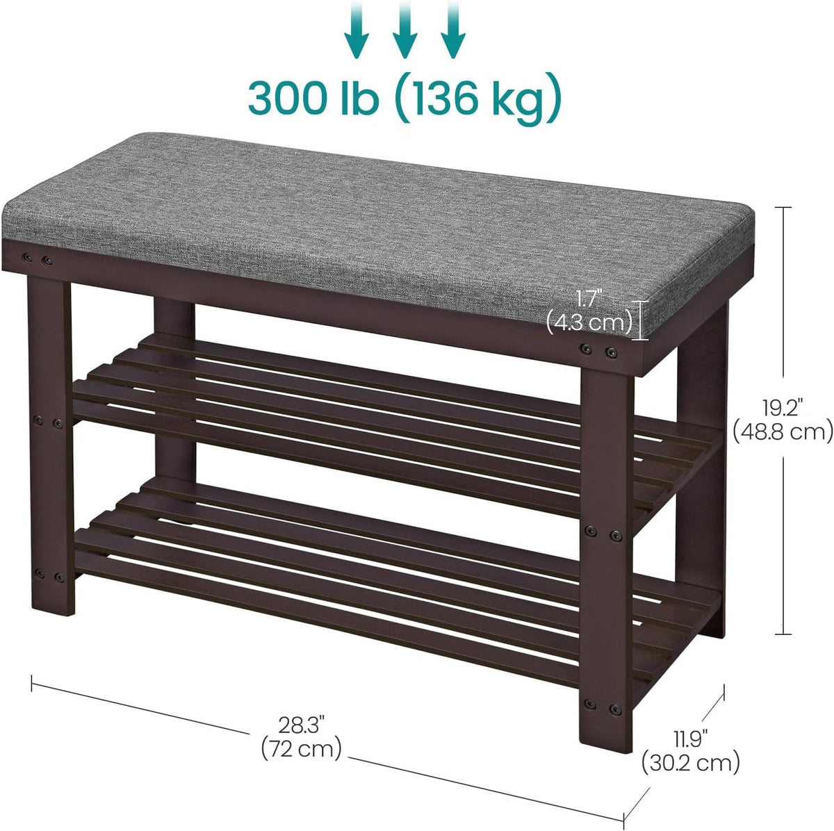 Bamboo Shoe Bench with 3-Tier Rack, Rustic Walnut and Slate Gray