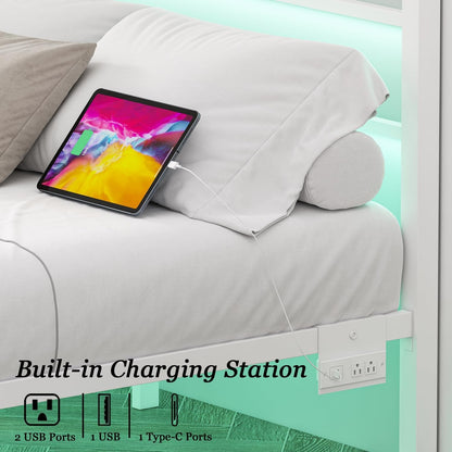 Full Size Bed Frame with Charging Station & LED Lights, Full Metal Platform Bed Frame with Headboard and Footboard, Storage Space under Bed, No Box Spring Needed, Noise Free, Easy Assembly, White
