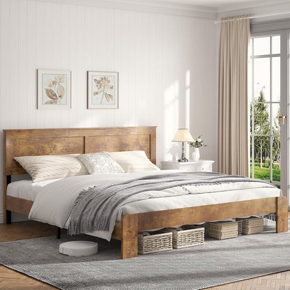 Wooden Bed Frame King Size with Headboard, Farmhouse Platform Bedframe with Wood Slat Support, Sturdy Framework Bed Frame, Easy Assembly (Rustic Brown)