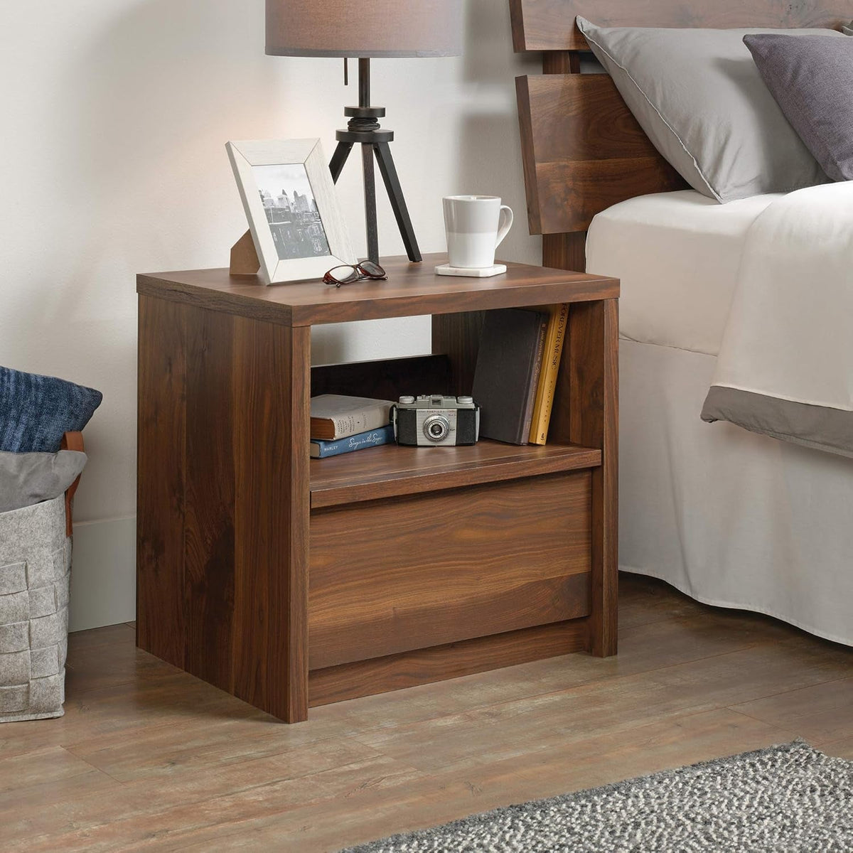 Harvey Park Night Stand with Easy Gliding Drawer, Walnut Bedside Table - Grand Walnut Finish