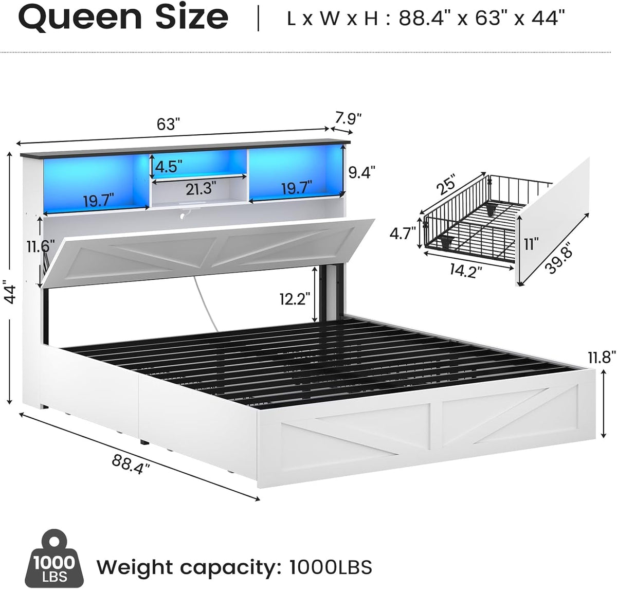 Farmhouse Queen Bed Frame with 4 Storage Drawers and Led Lights, Wooden Bed Frame Queen Size with Hidden Space Bookcase Headboard and Led Lights & Metal Slats, White